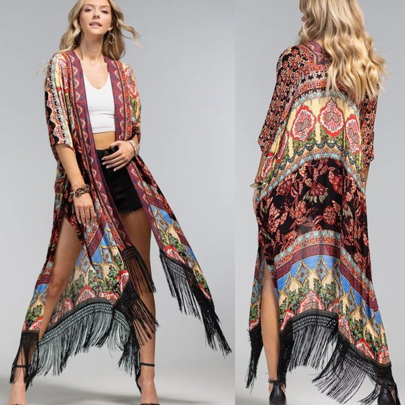 Boho Floral Damask Dainty Fringe Kimono Cape Duster - Picture 3 of 9